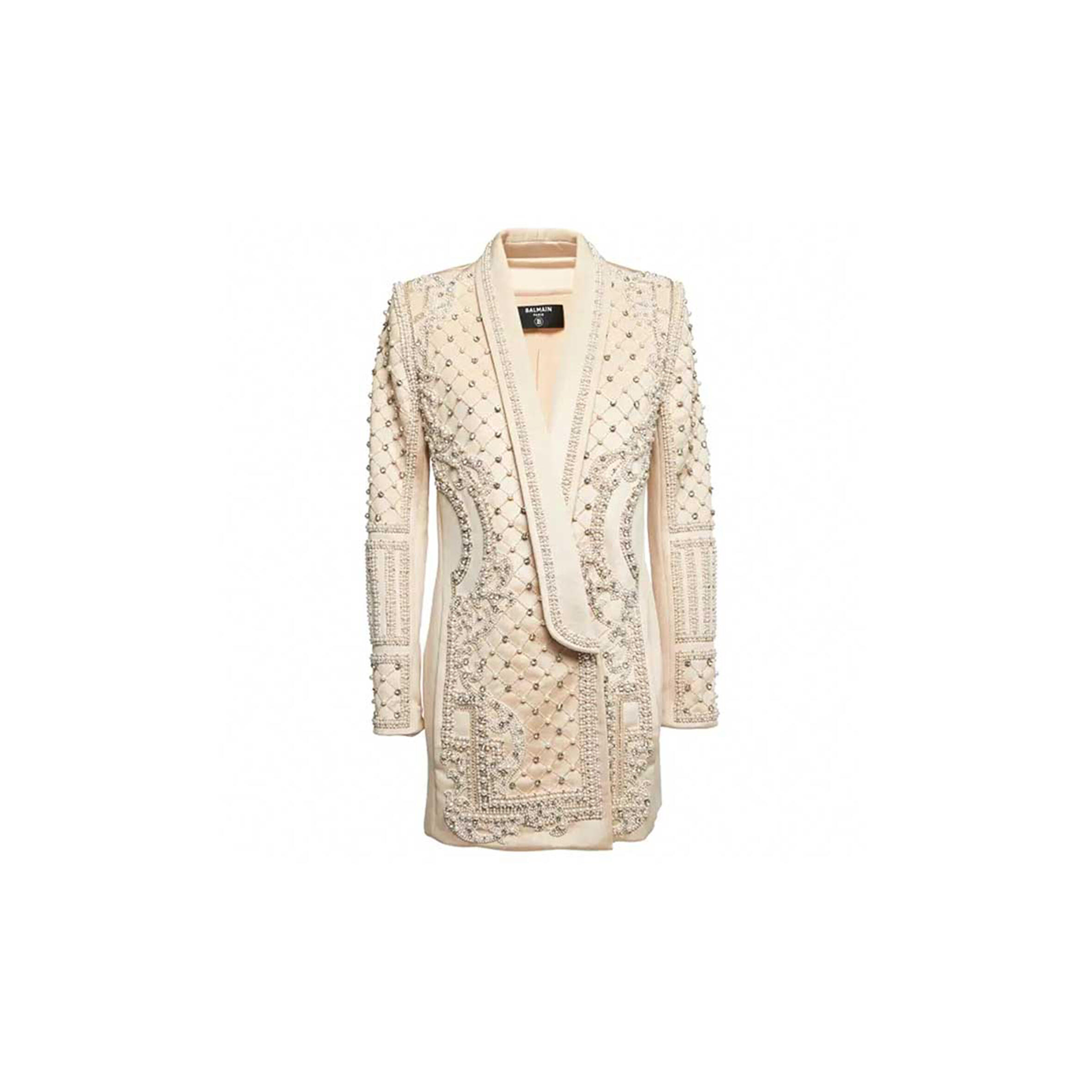BALMAIN BEIGE CRYSTALS & PEARLS EMBELLISHED SHAWL LAPEL BLAZER 